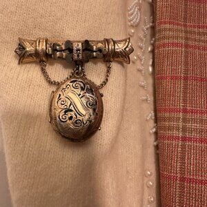 Antique Victorian Mourning Brooch Locket Gold Plated Hair Photo Memorial Pin